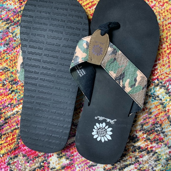 camo yellow box flip flops